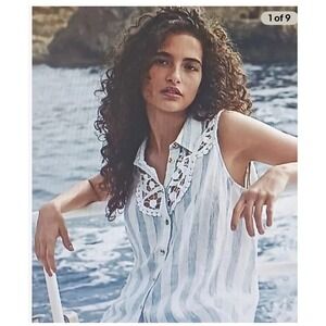 Anthropologie Maeve Edinboro Linen Blouse Blue/White Stripe‎ Cotton Lace Trim S